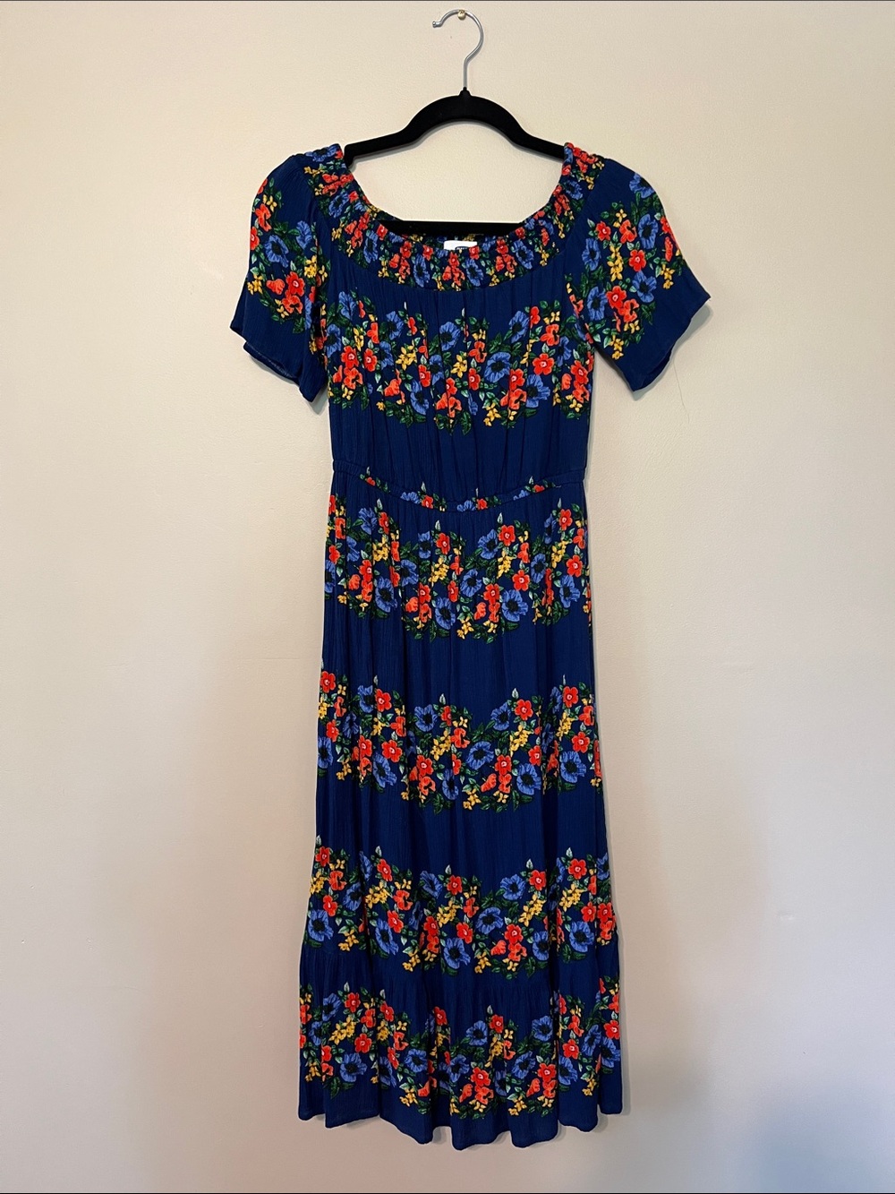 Old Navy Navy Off the Shoulder Floral Maxi Dress with Bright Floral Pattern